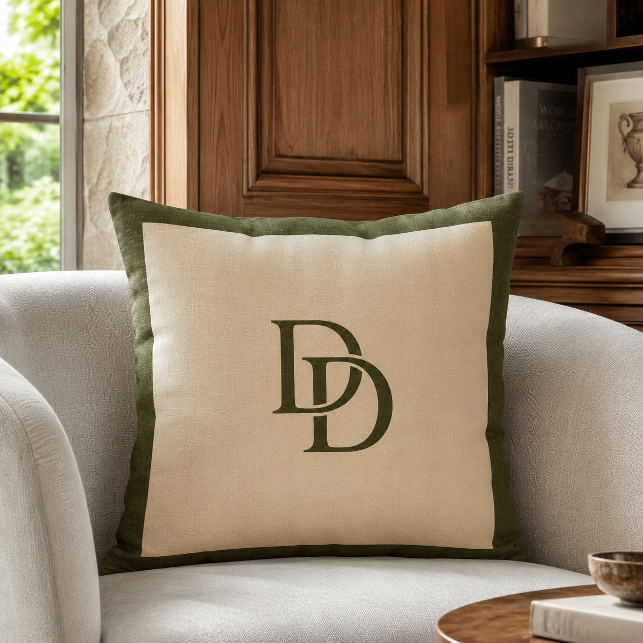 The Heritage Double-D Monogram Cushion | Olive Green Cushion