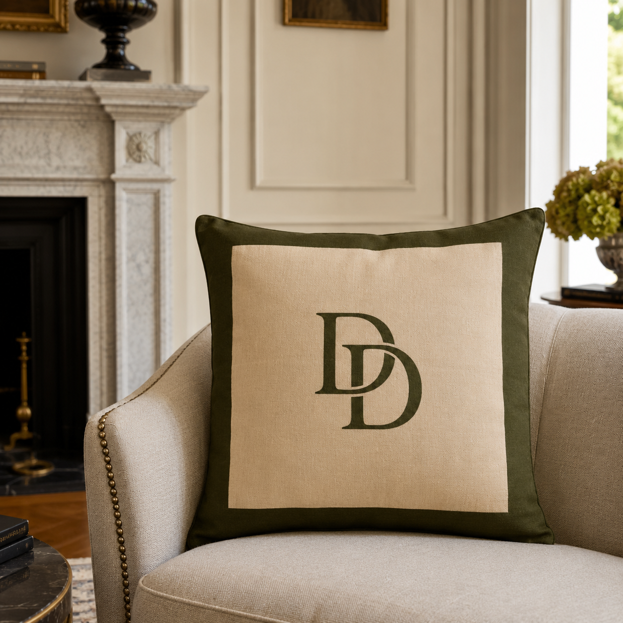 The Heritage Double-D Monogram Cushion | Olive Green Cushion