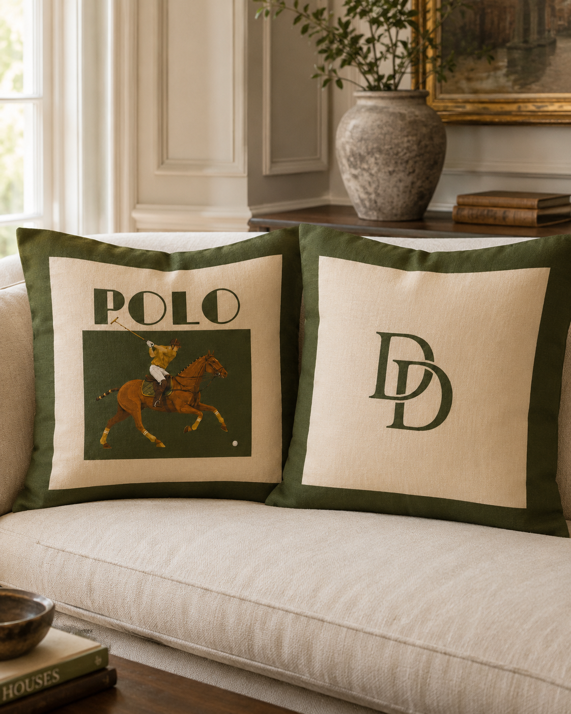 The Heritage Double-D Monogram Cushion | Olive Green Cushion