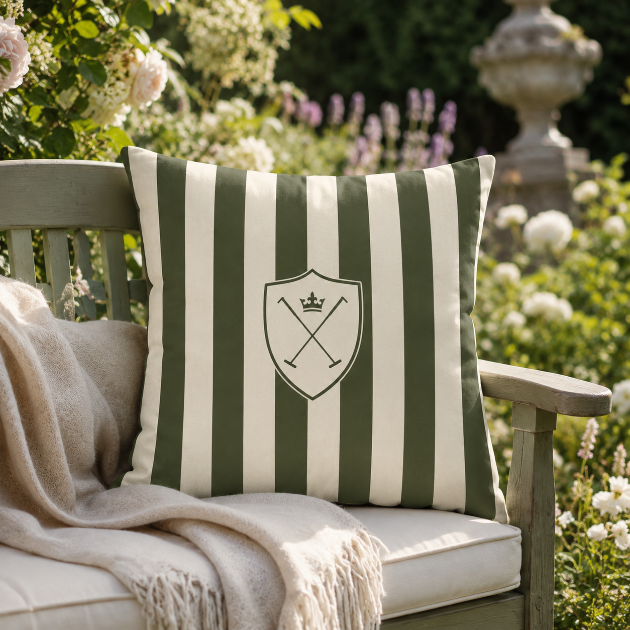 The Heritage Polo Crest Cushion | Olive Green Striped Faux-Suede Cushion