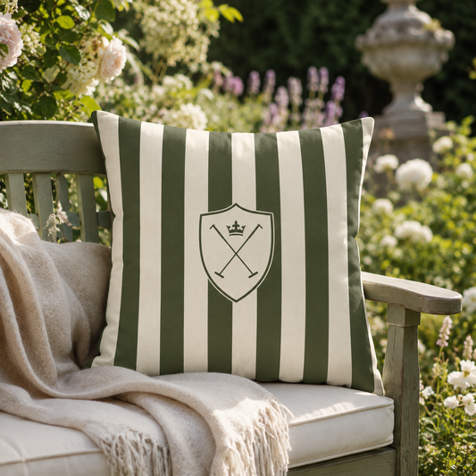 The Heritage Polo Crest Cushion | Olive Green Striped Faux-Suede Cushion