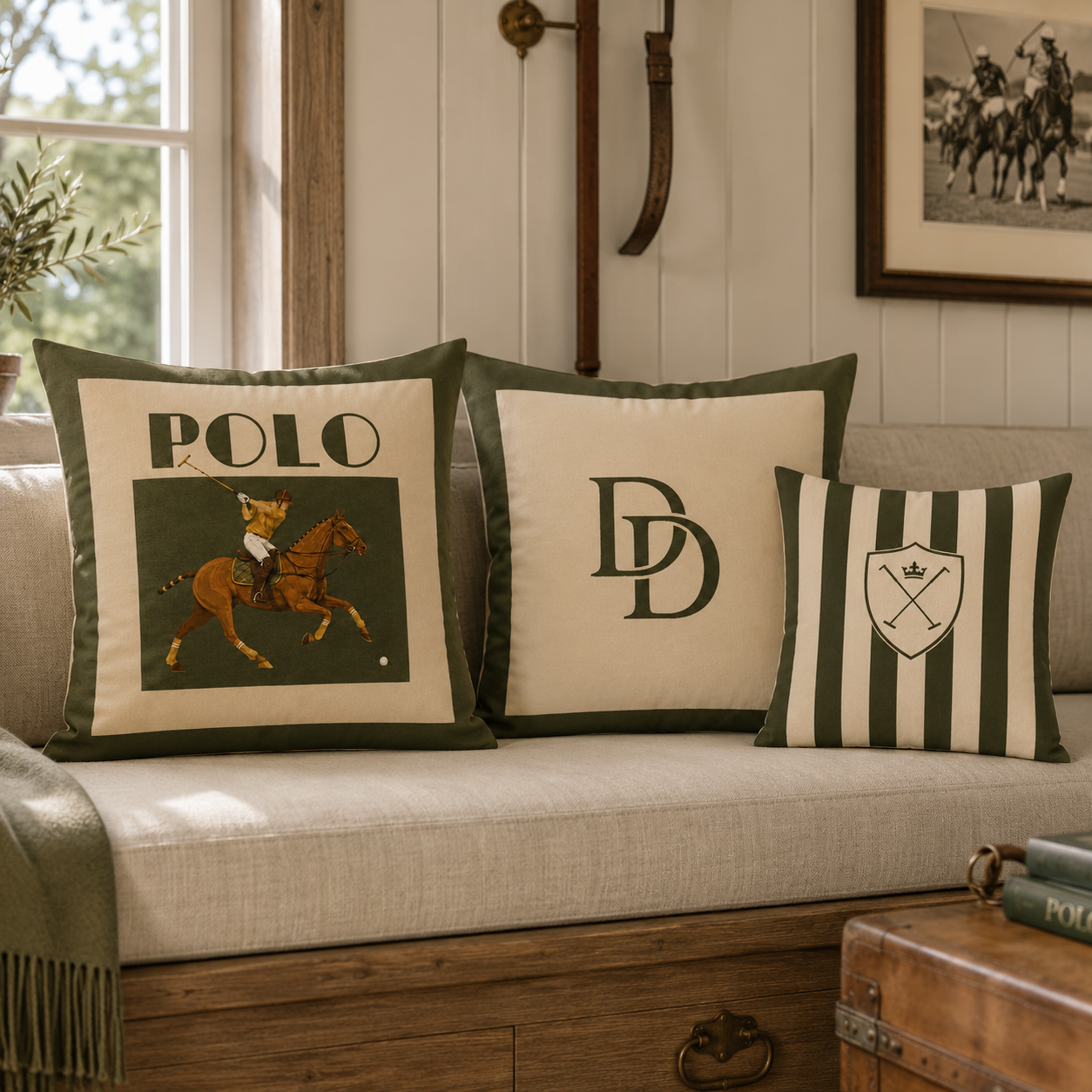 The Heritage Polo Crest Cushion | Olive Green Striped Faux-Suede Cushion