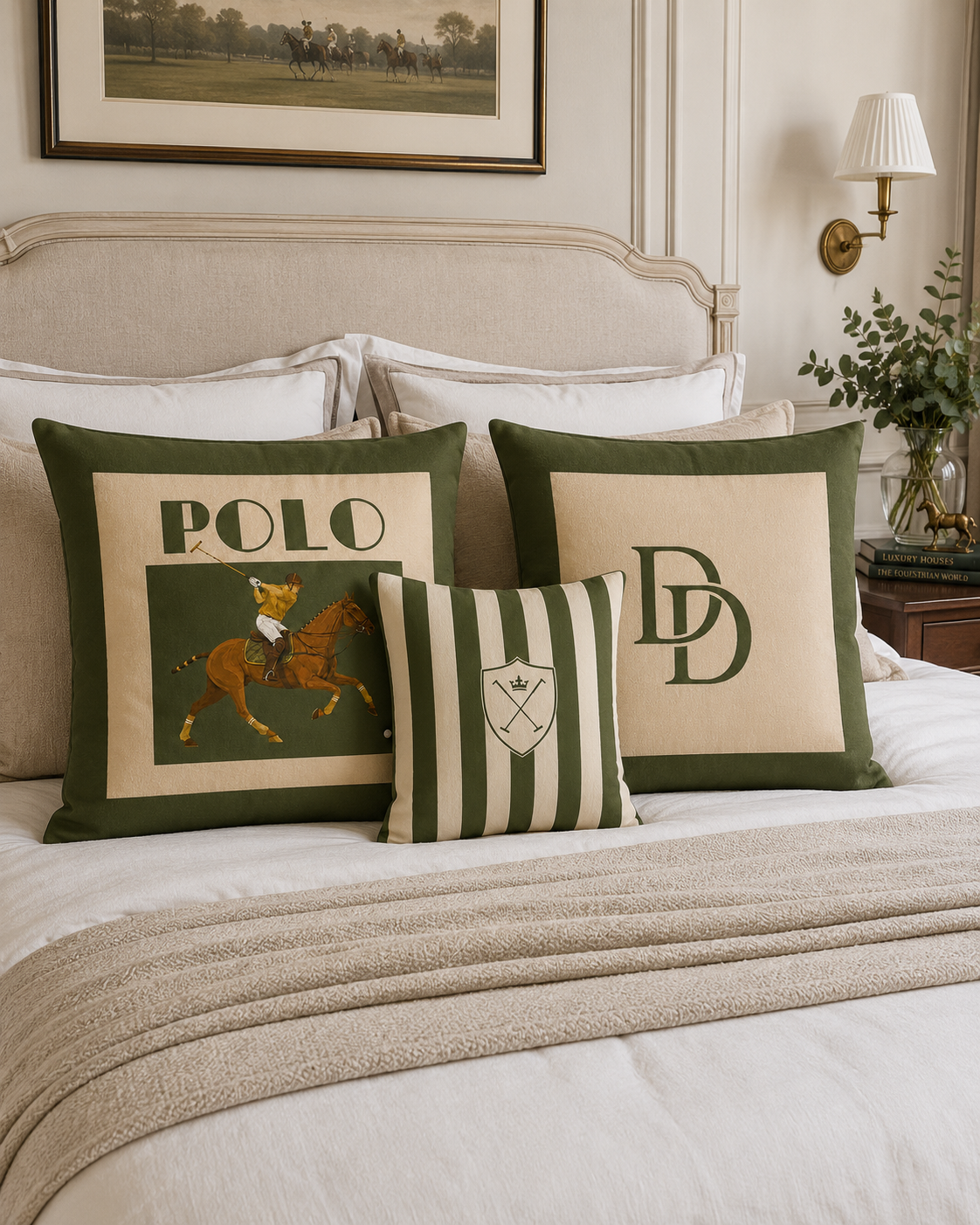 The Heritage Polo Crest Cushion | Olive Green Striped Faux-Suede Cushion