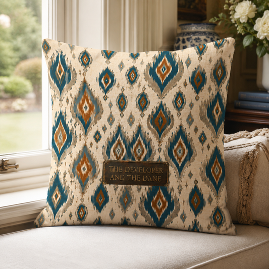 The Ikat Plaque Cushion | Petrol Blue & Burnt Orange Canvas Cushion