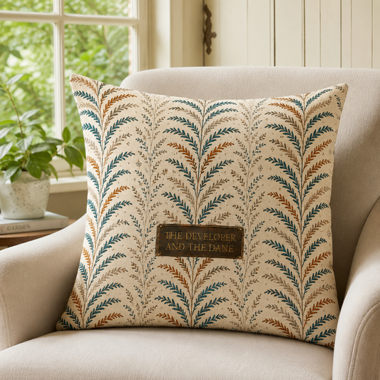 The Botanical Frond Plaque Cushion | Petrol Blue & Burnt Orange Canvas Cushion