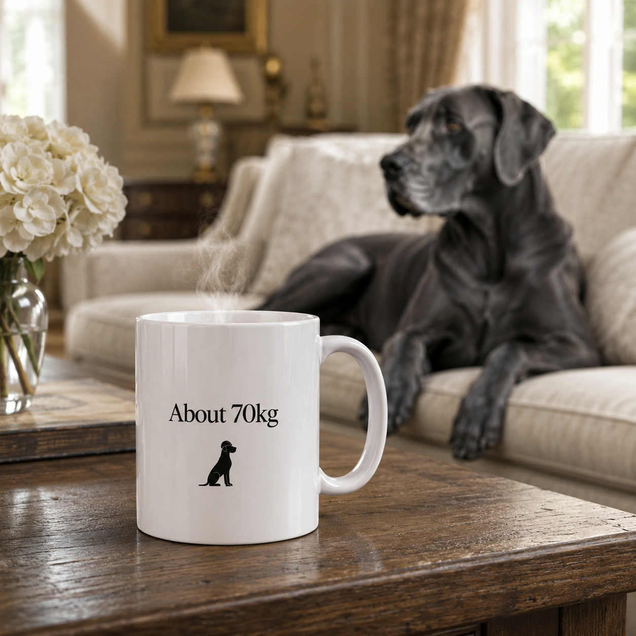 Great Dane 'About 70kg' Mug, Funny Great Dane Mug, Big Dog Owner Gift