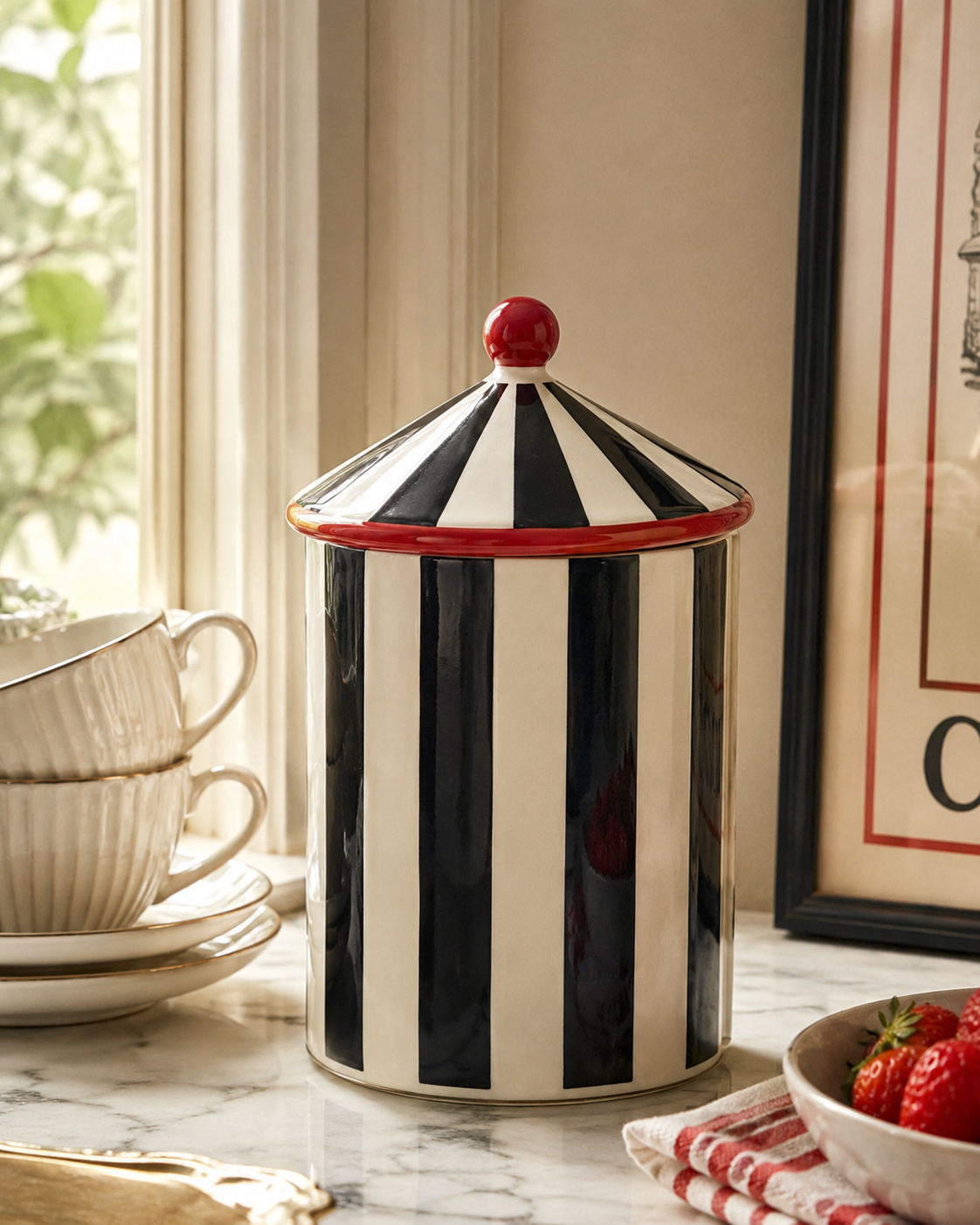 Black & White Striped Ceramic Storage Jar | Circus Tent Canister
