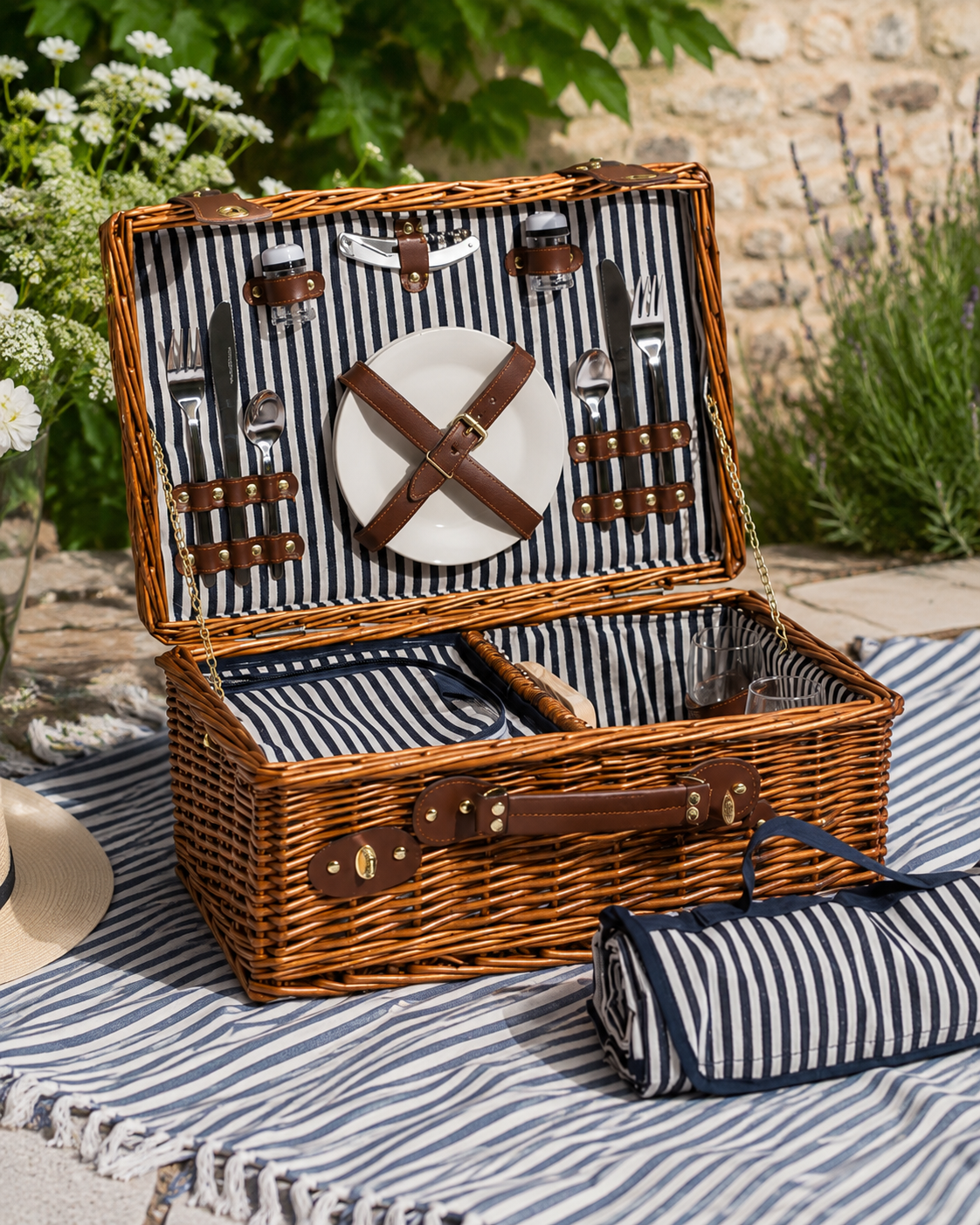 Luxury 2 Person Wicker Picnic Hamper with Leather Handles & Accessories