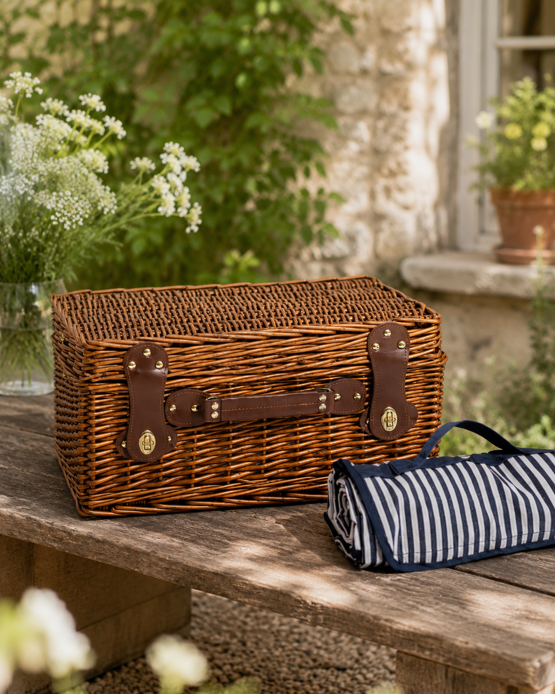Luxury 2 Person Wicker Picnic Hamper with Leather Handles & Accessories
