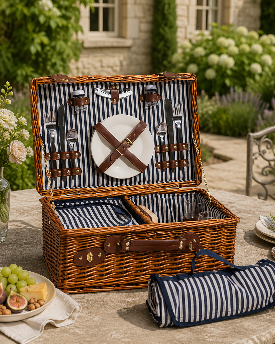 Luxury 2 Person Wicker Picnic Hamper with Leather Handles & Accessories