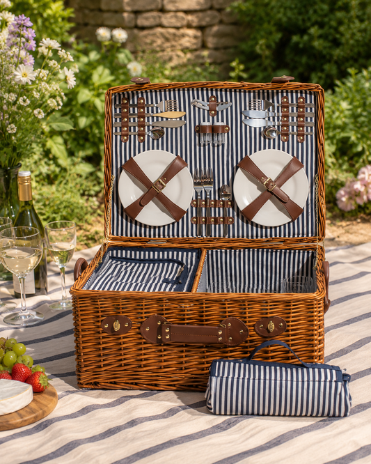 Luxury 4 Person Wicker Picnic Hamper with Blanket & Accessories