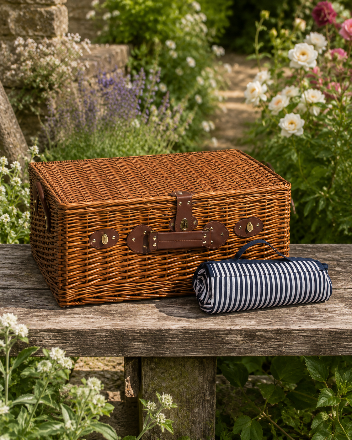 Luxury 4 Person Wicker Picnic Hamper with Blanket & Accessories