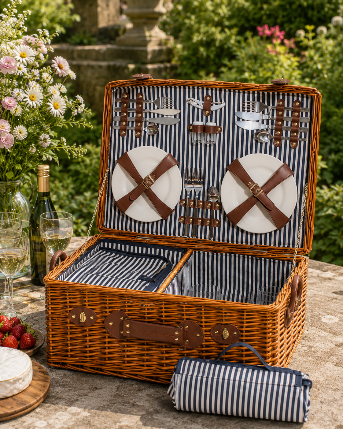 Luxury 4 Person Wicker Picnic Hamper with Blanket & Accessories