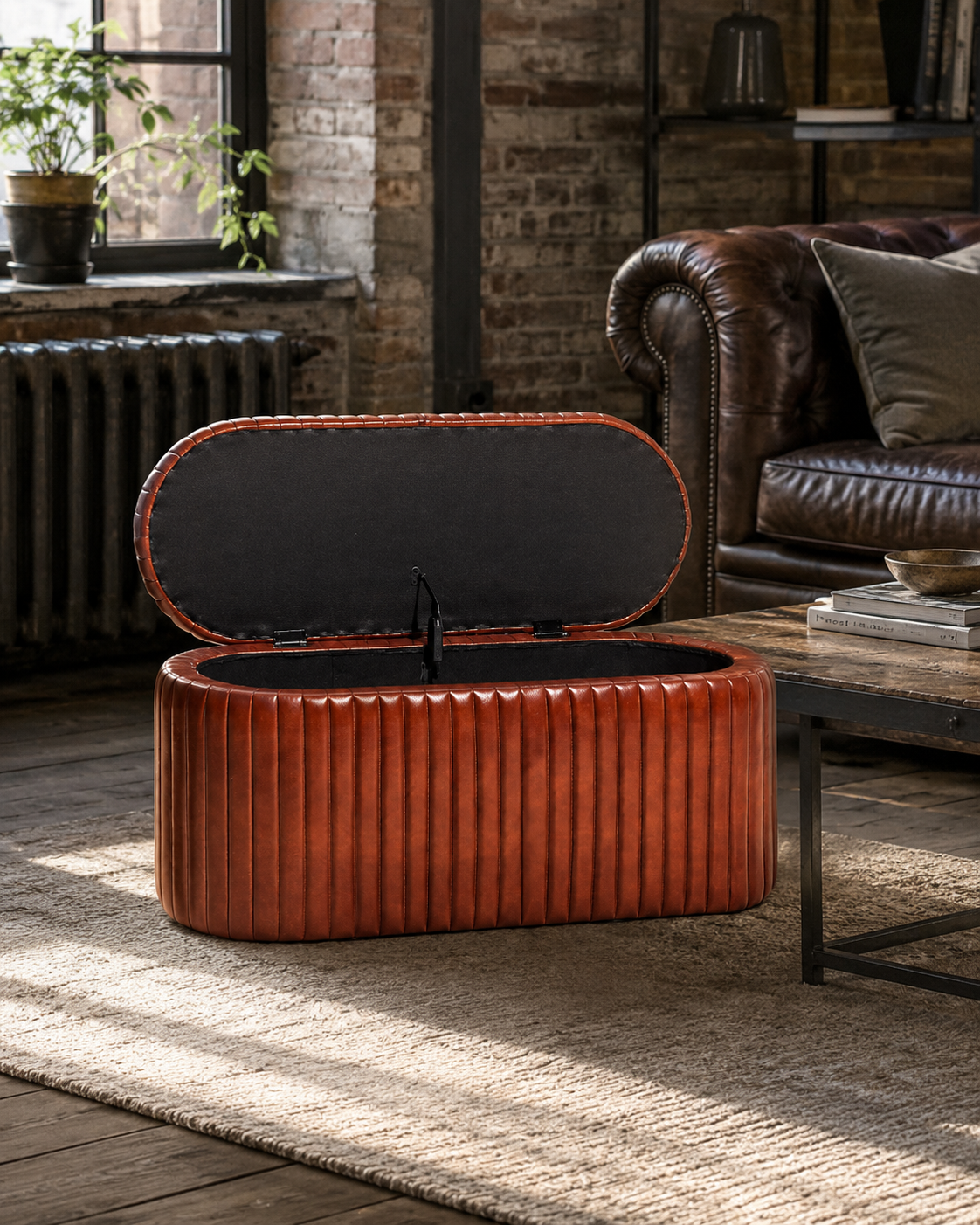 Industrial Vintage Ribbed Leather Storage Trunk
