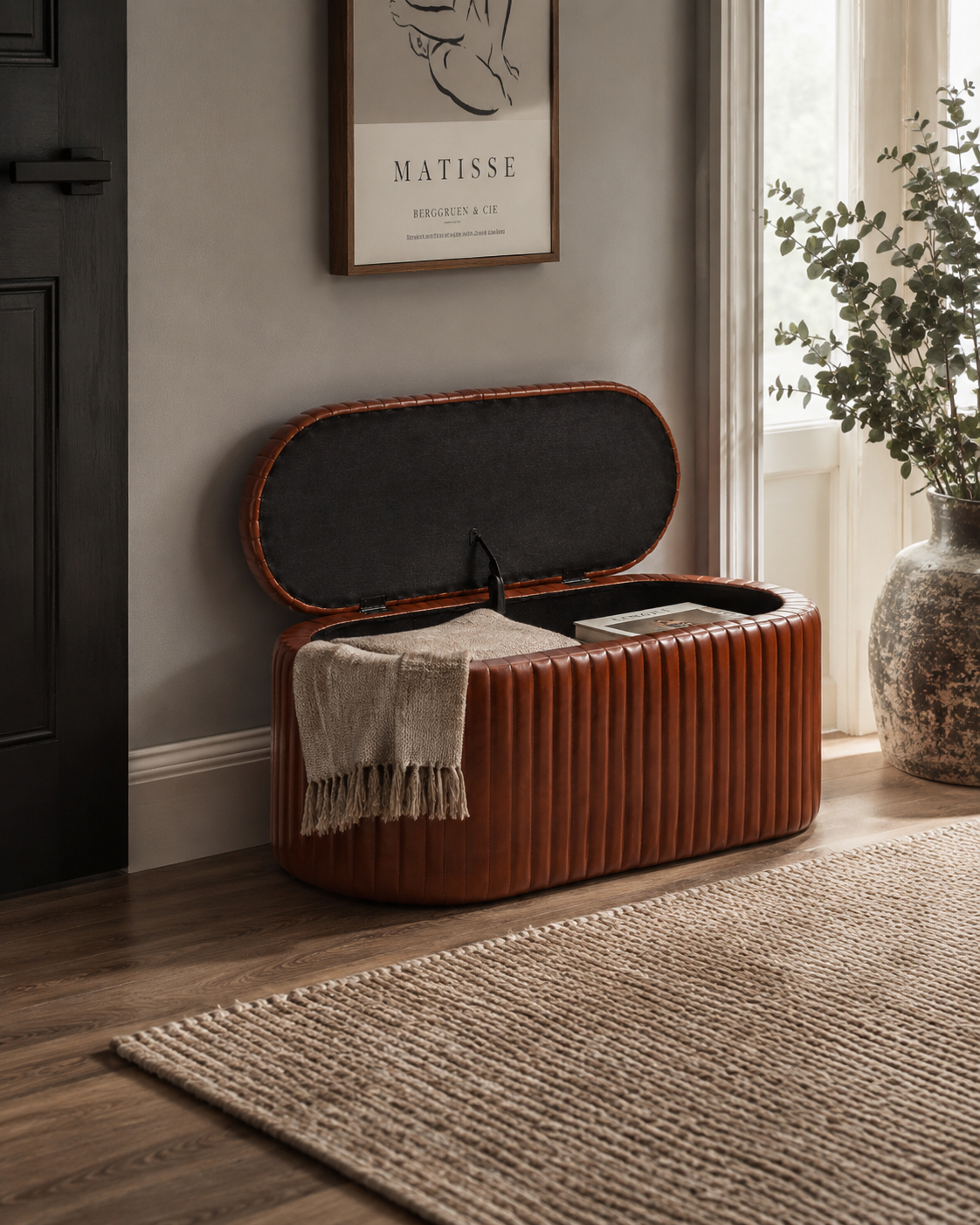 Industrial Vintage Ribbed Leather Storage Trunk