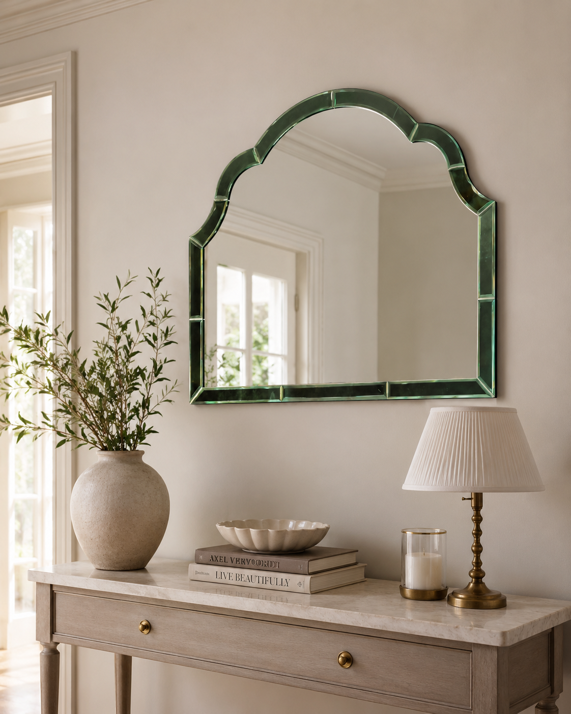 Overmantle Green Glass-Framed Wall Mirror