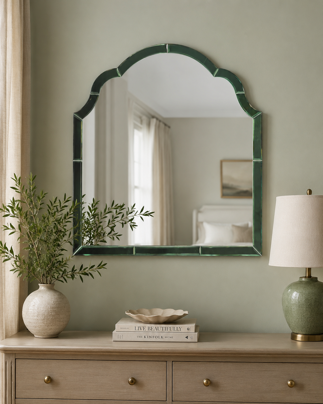 Overmantle Green Glass-Framed Wall Mirror