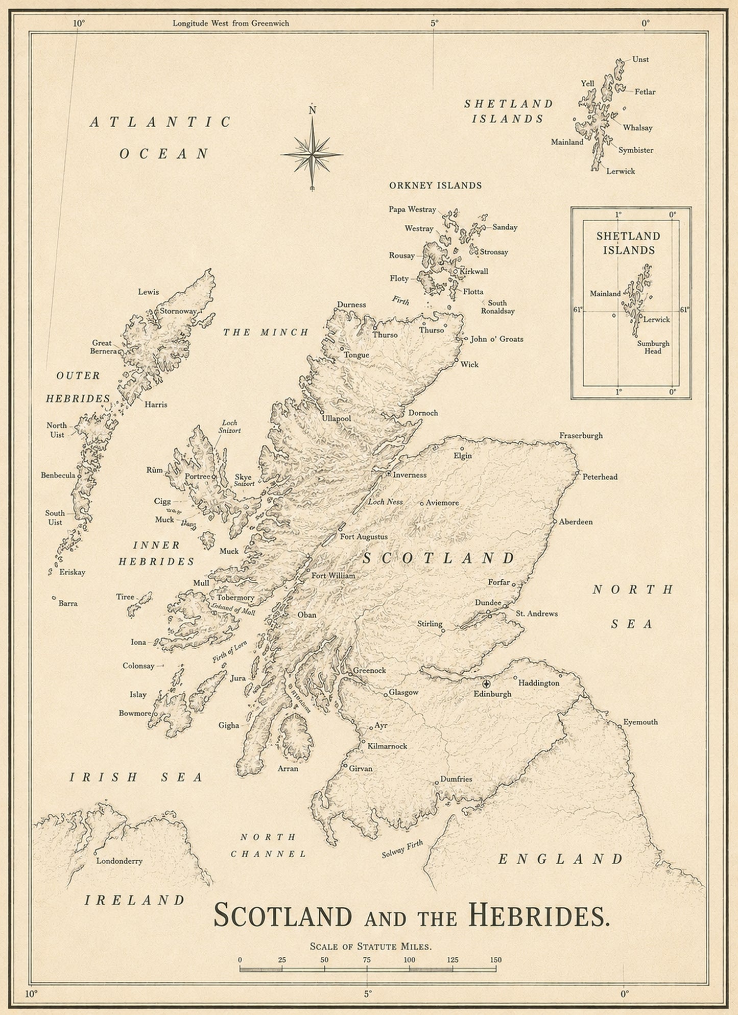 Large Vintage Scotland and the Hebrides Map— Mounted Art Print