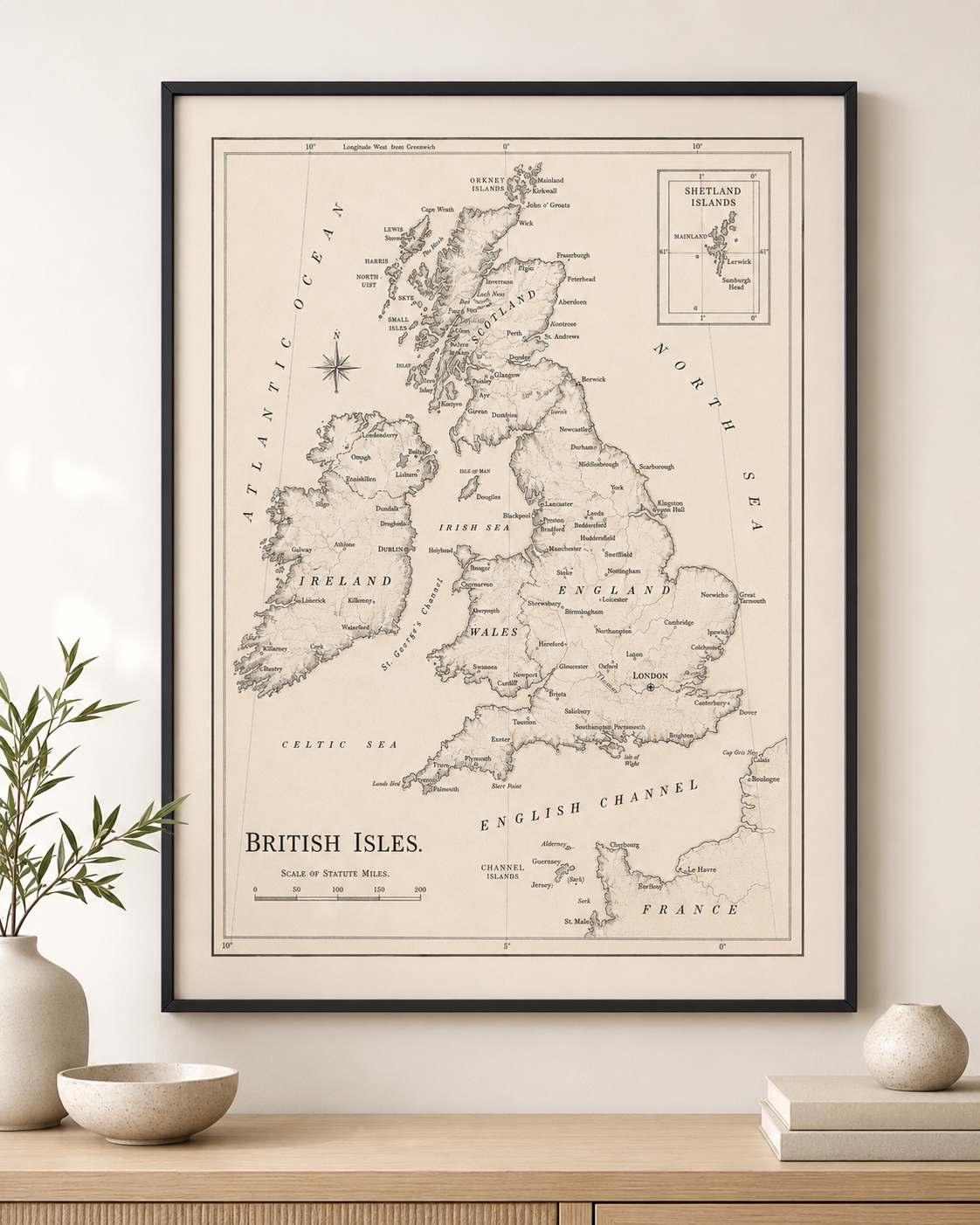 Large Vintage British Isles Map — Mounted Art Print