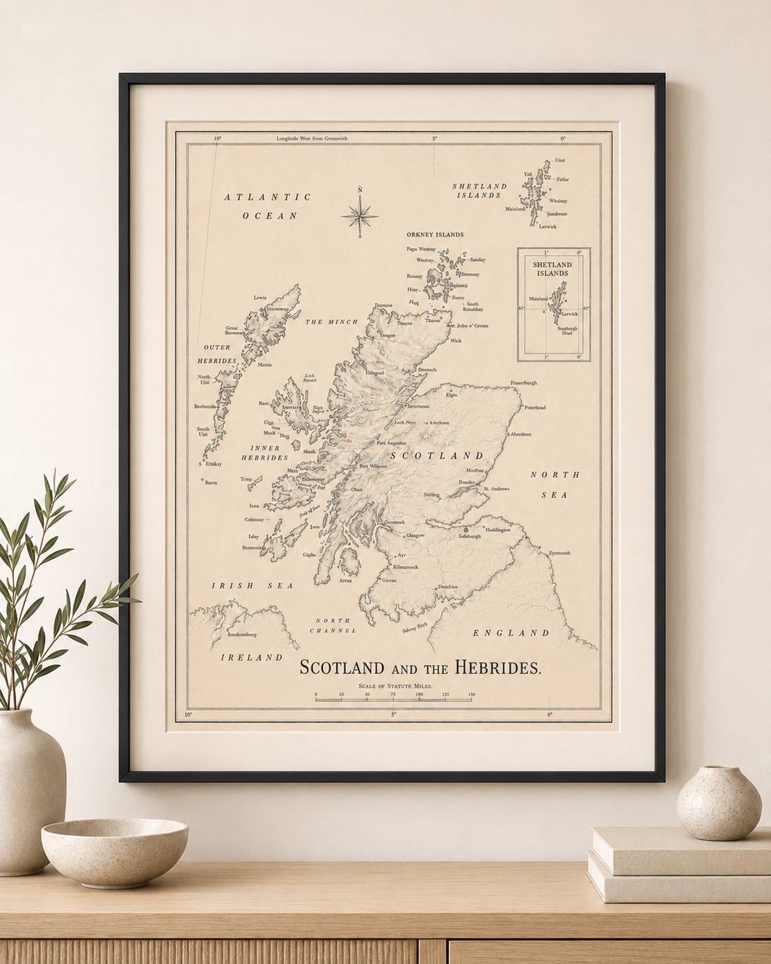Large Vintage Scotland and the Hebrides Map— Mounted Art Print