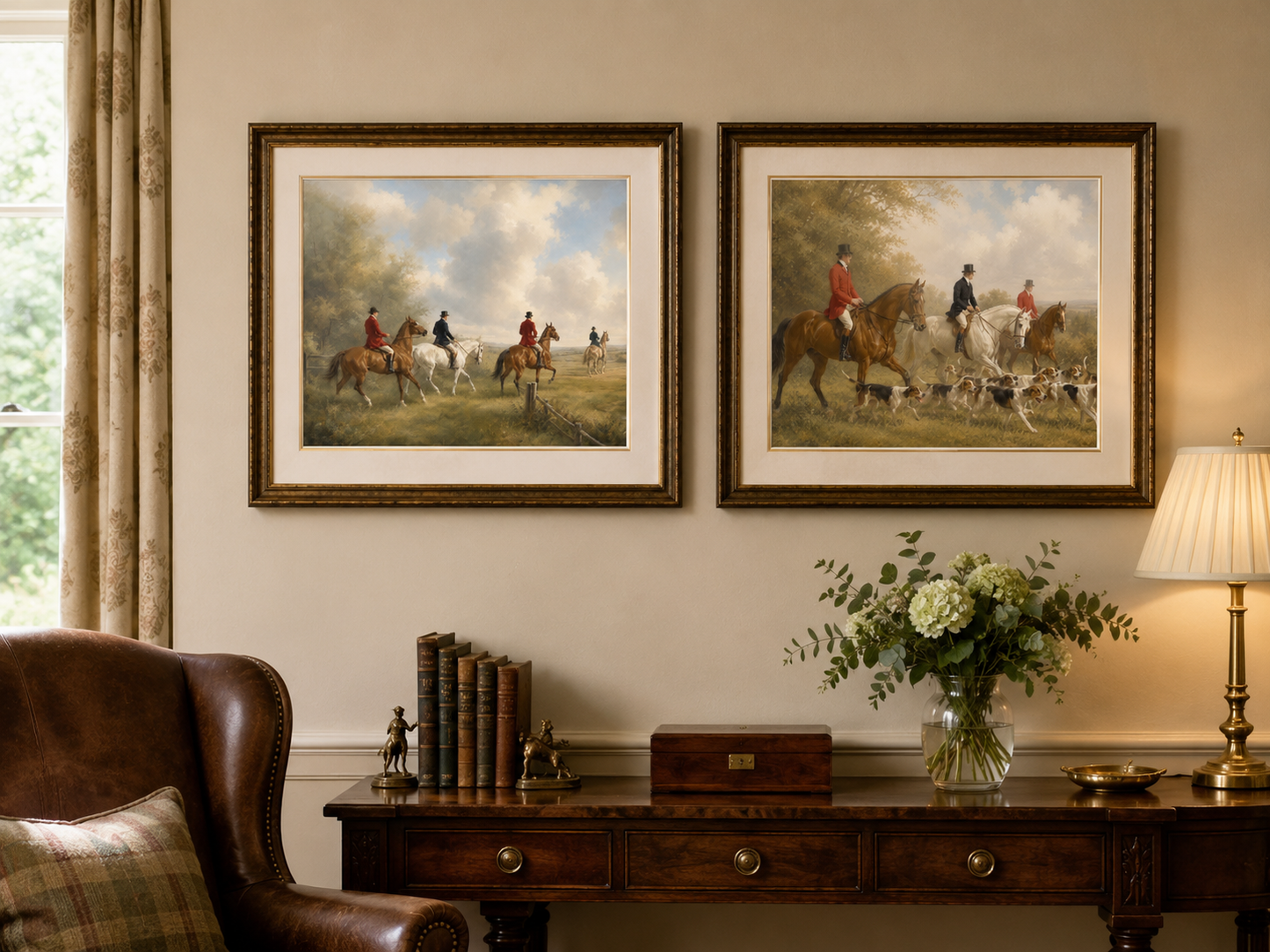 The Hounds Across the Fields — Heritage Equestrian Mounted Art Print