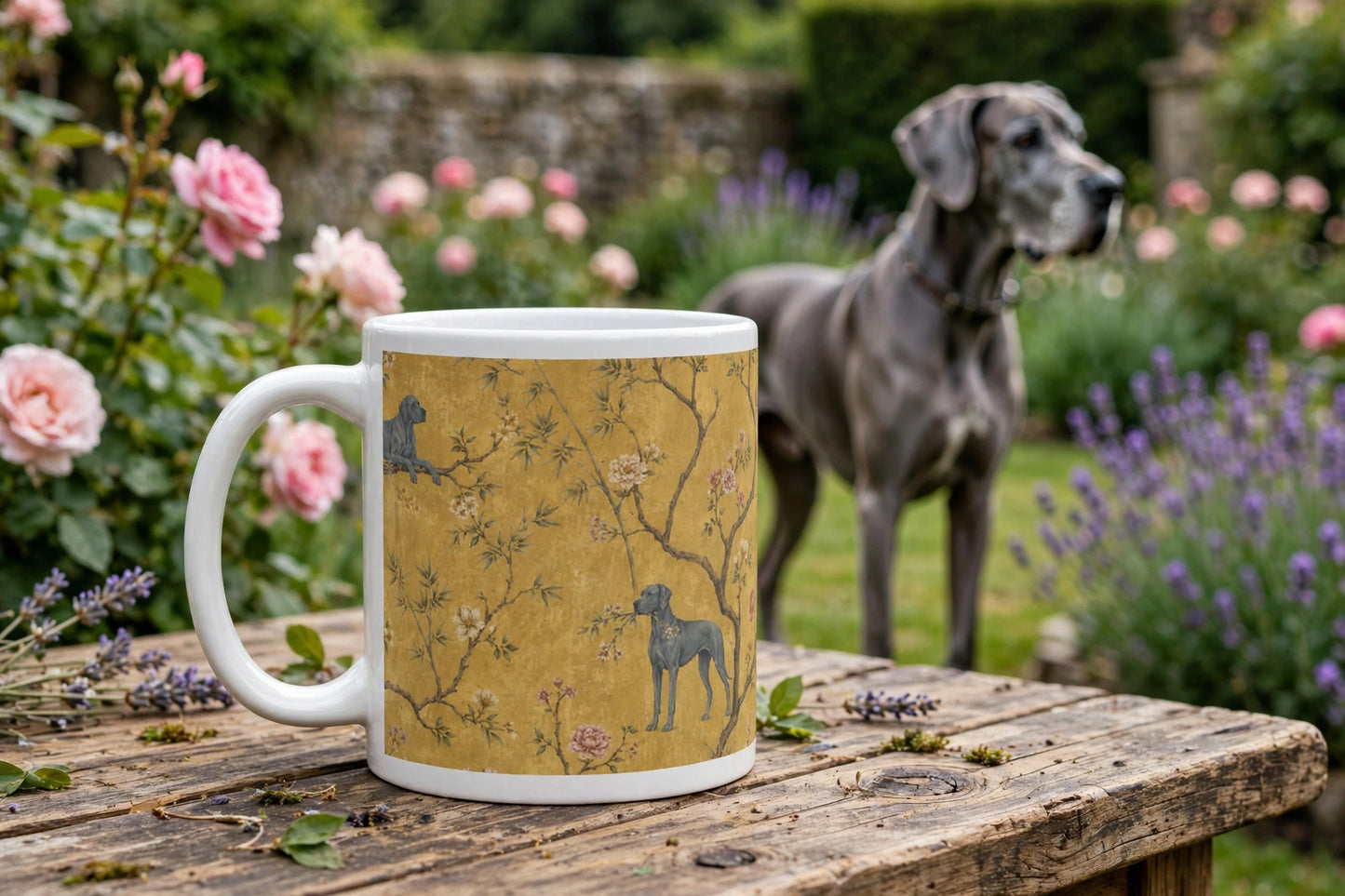 Great Dane Chinoiserie Mug – Antique Gold Botanical Dog Lover Cup