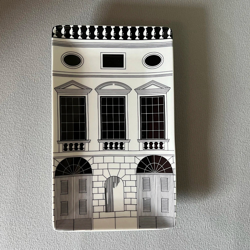 Black & White Ceramic House Trinket Dish | Tray & Lidded Jar