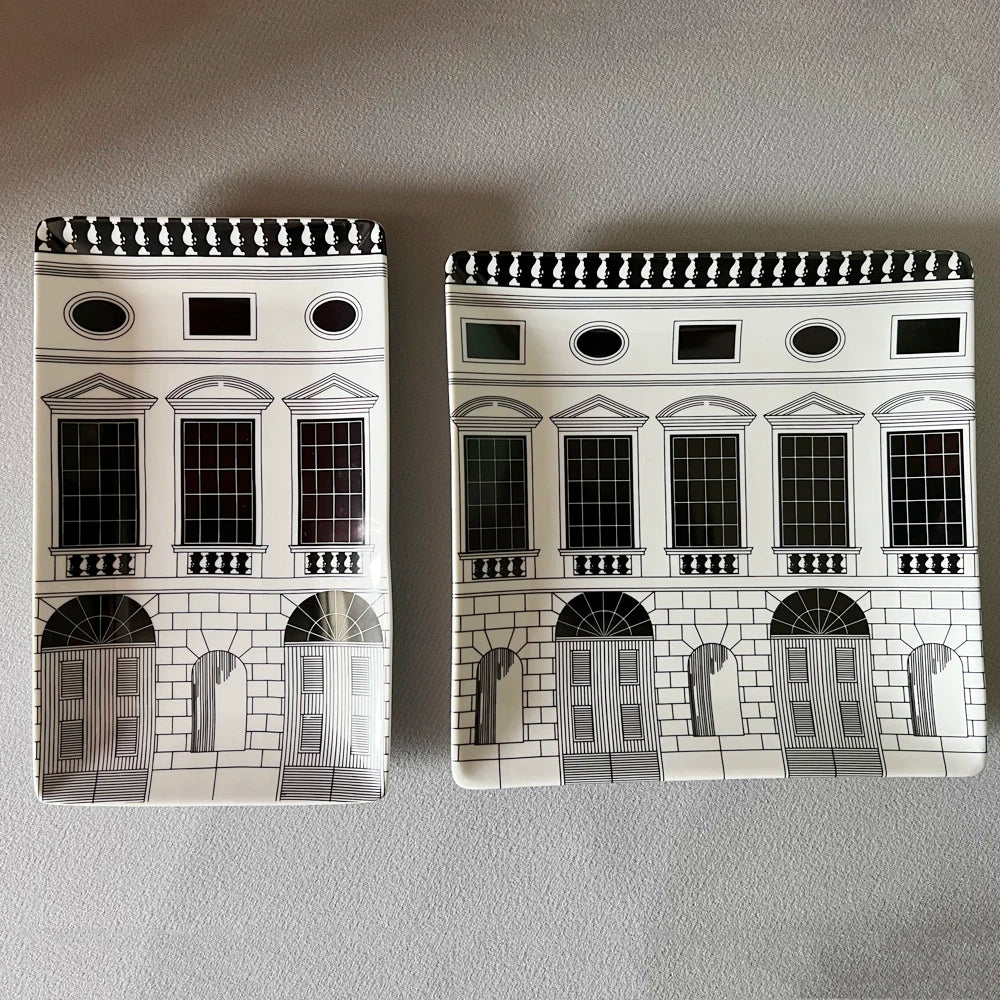 Black & White Ceramic House Trinket Dish | Tray & Lidded Jar