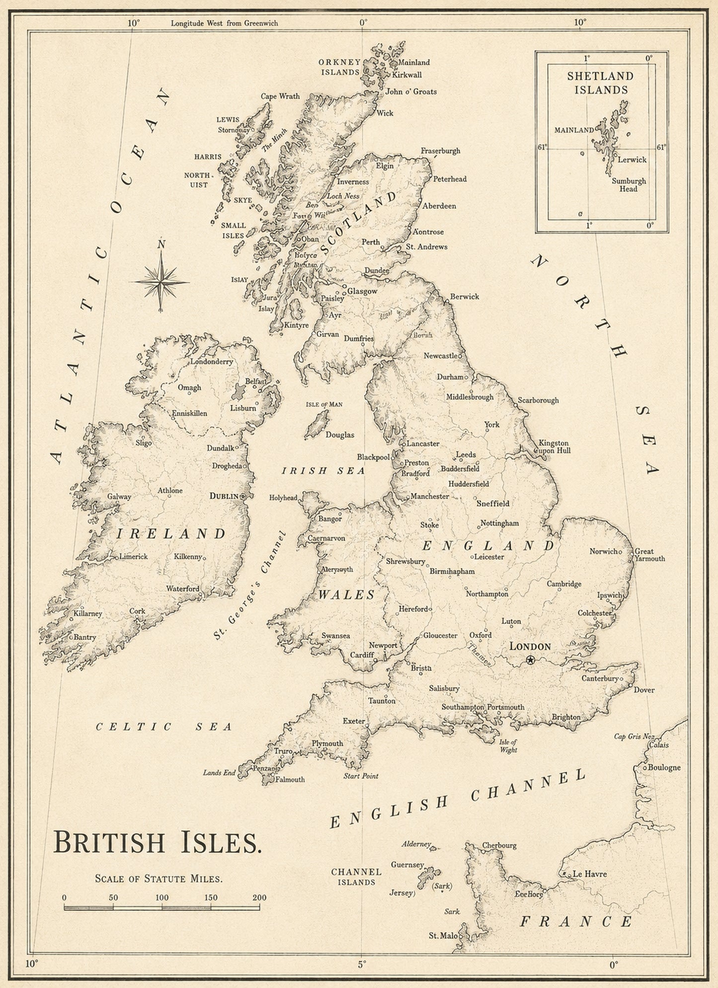 Large Vintage British Isles Map — Mounted Art Print